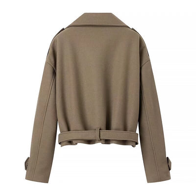 Manteau en Laine à Col à Revers avec Ceinture Intégrée